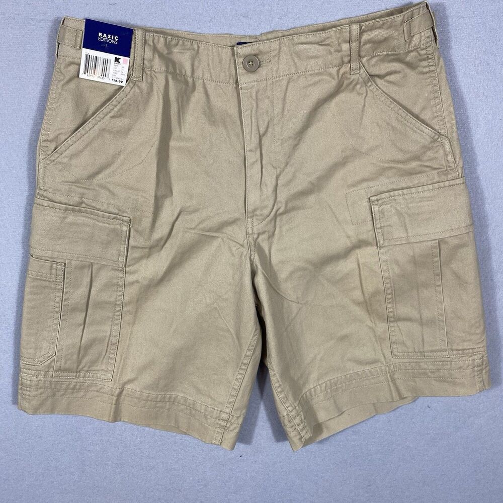 Basic Editions Mens Cargo Shorts Khaki Loose Fit 36x10 Vintage‎ Deadstock Cotton